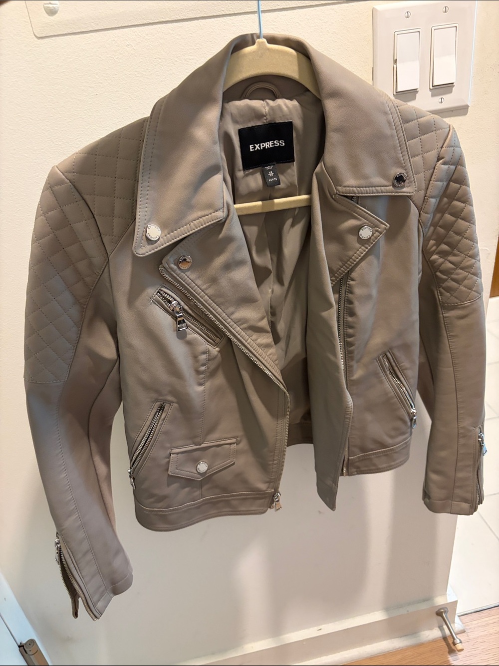 Express Taupe Quilted Faux-Leather Moto Jacket